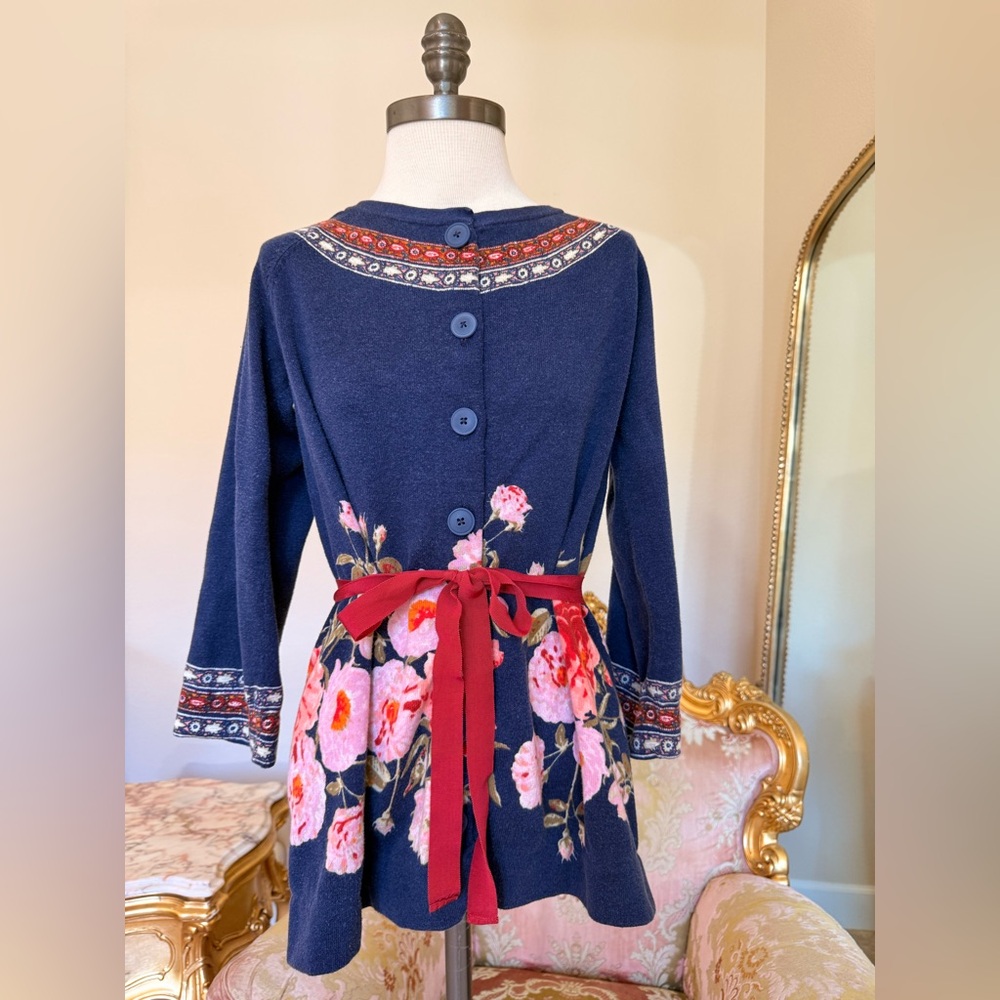 sparrow Navy Floral Button-Back Sweater with Red Tie